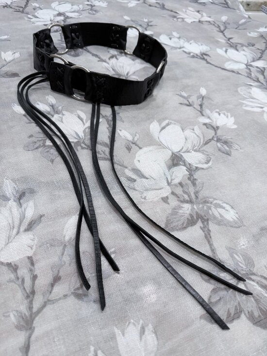 Genuine Italian Leather Ring Link Fringe Belt Black Boho Moto Y2K 31\